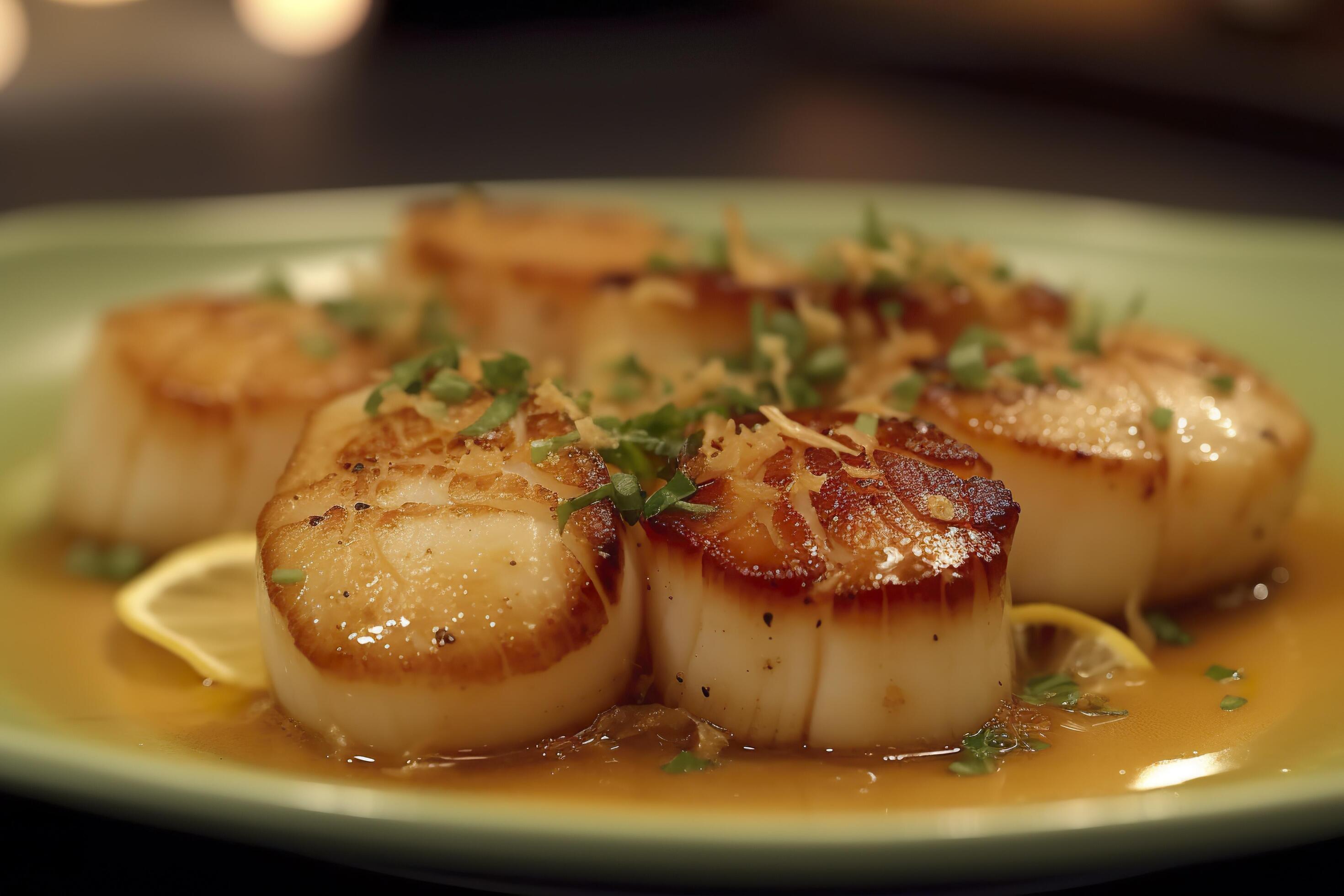 Closeup of pan seared diver scallops with lemon beurre blanc