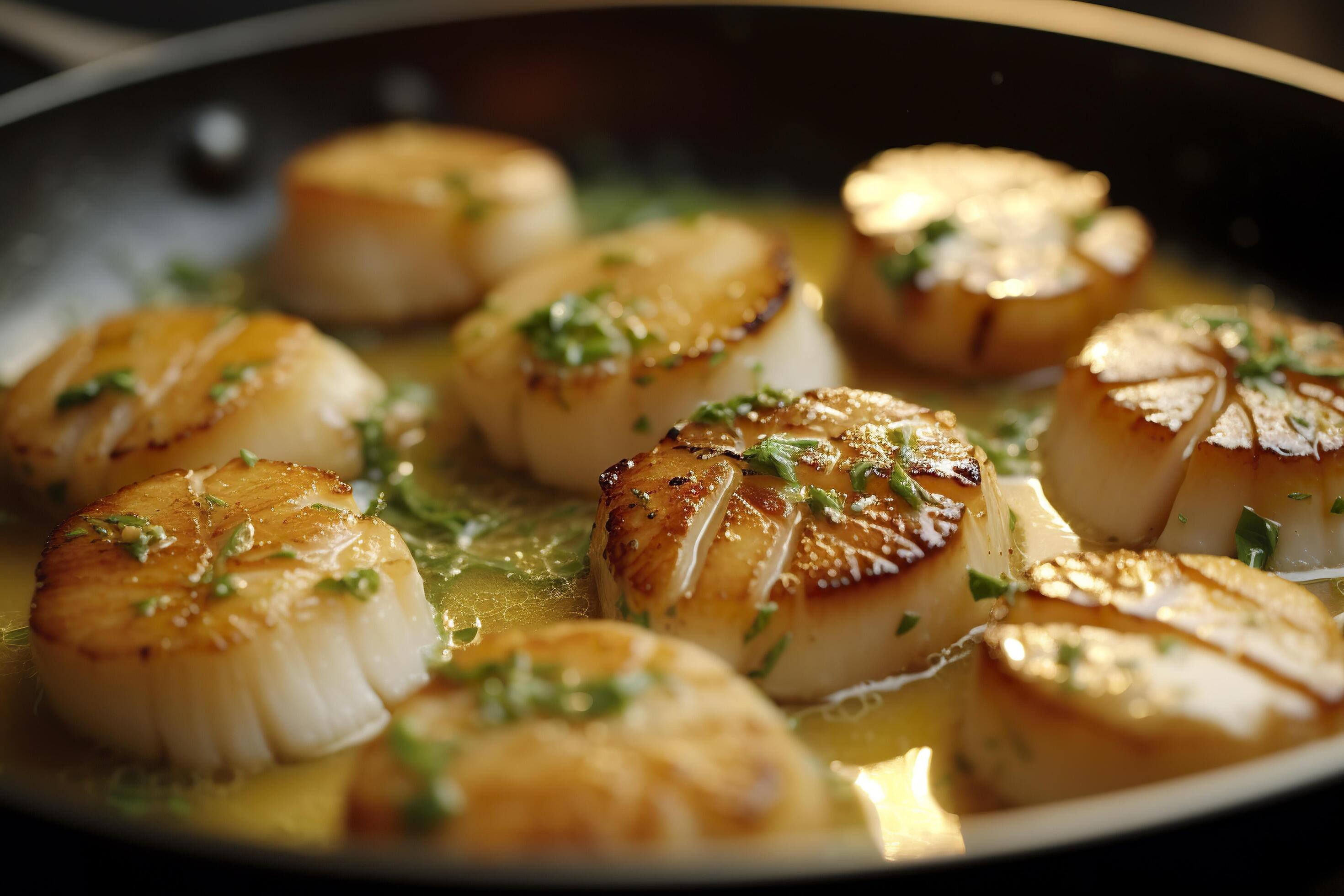 Closeup of pan seared diver scallops with lemon beurre blanc