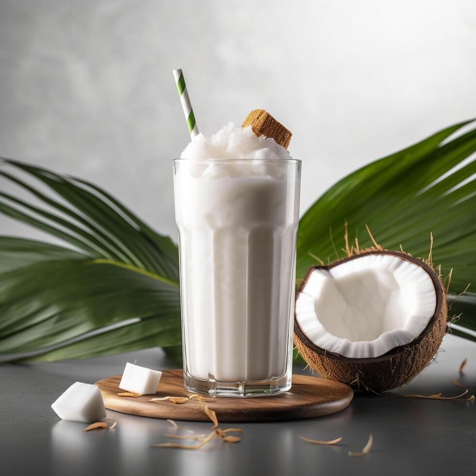 Coco Leche sacudir vaso con Fresco rebanado Coco. generativo ai foto