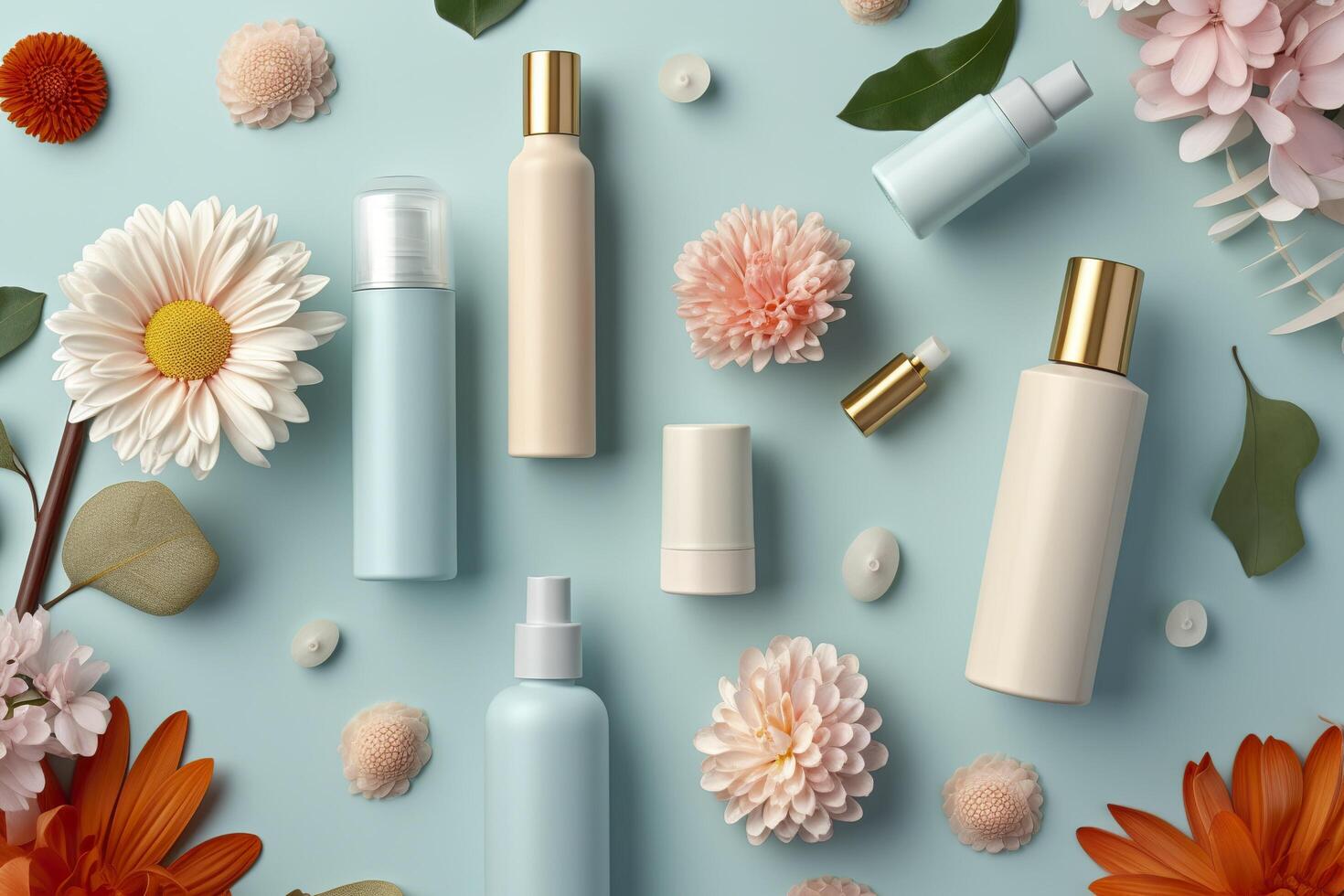 Fresh floral skincare concept. Top view flat lay of pump bottle, pipette, cream bottles, and tubes with flowers on pastel blue background with an empty circle for text or branding. AI Generative photo