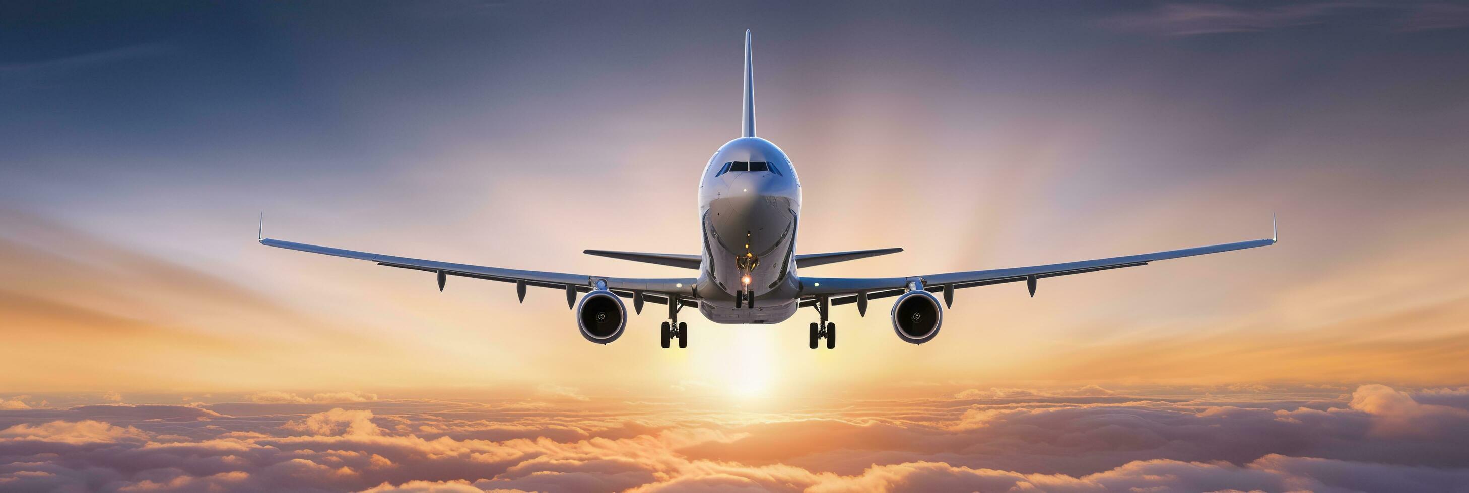 comercial avión volador encima dramático nubes durante puesta de sol. generativo ai foto