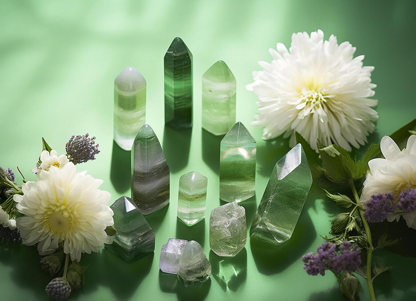 Crystal towers minerals set and white flowers on green abstract background. Generative AI photo