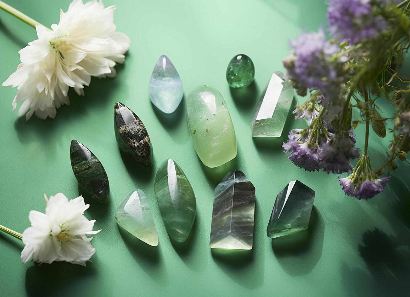 Crystal towers minerals set and white flowers on green abstract background. Generative AI photo