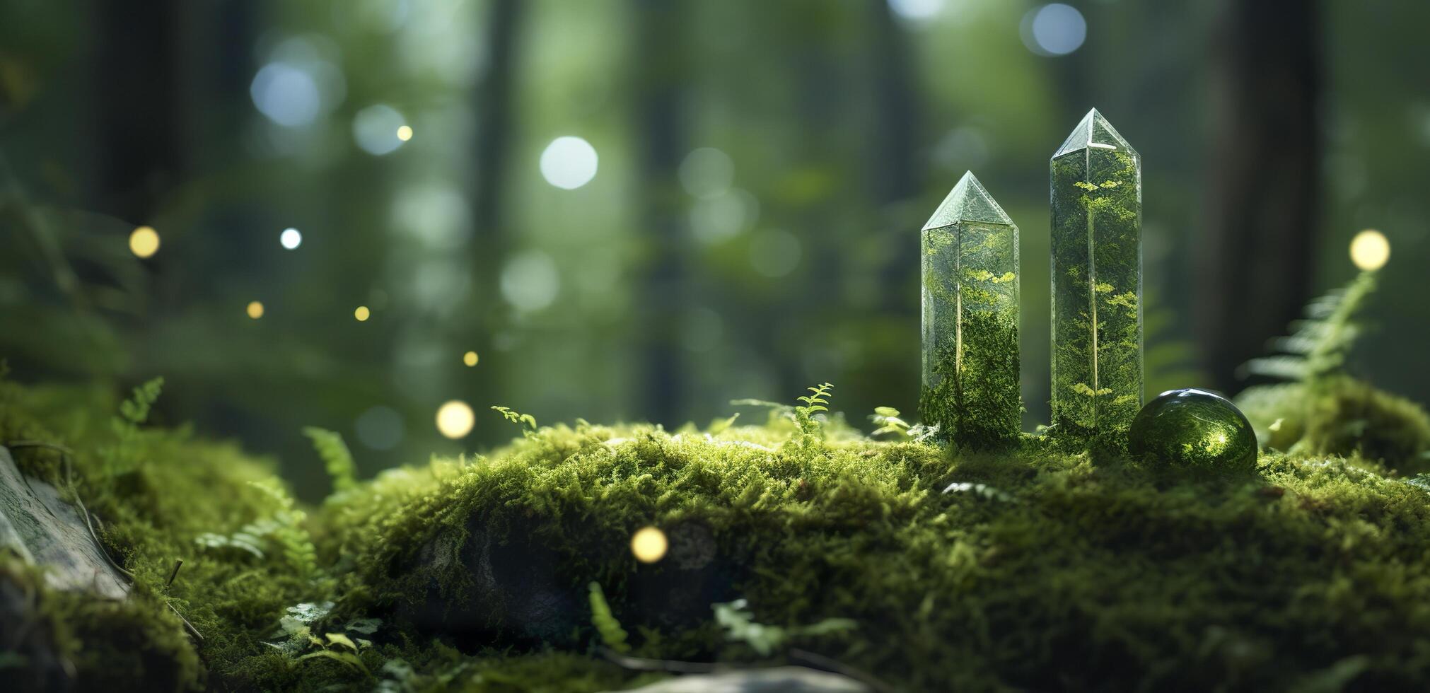 Crystals with moon phases image of moss in a mysterious forest, natural background. Generative AI photo
