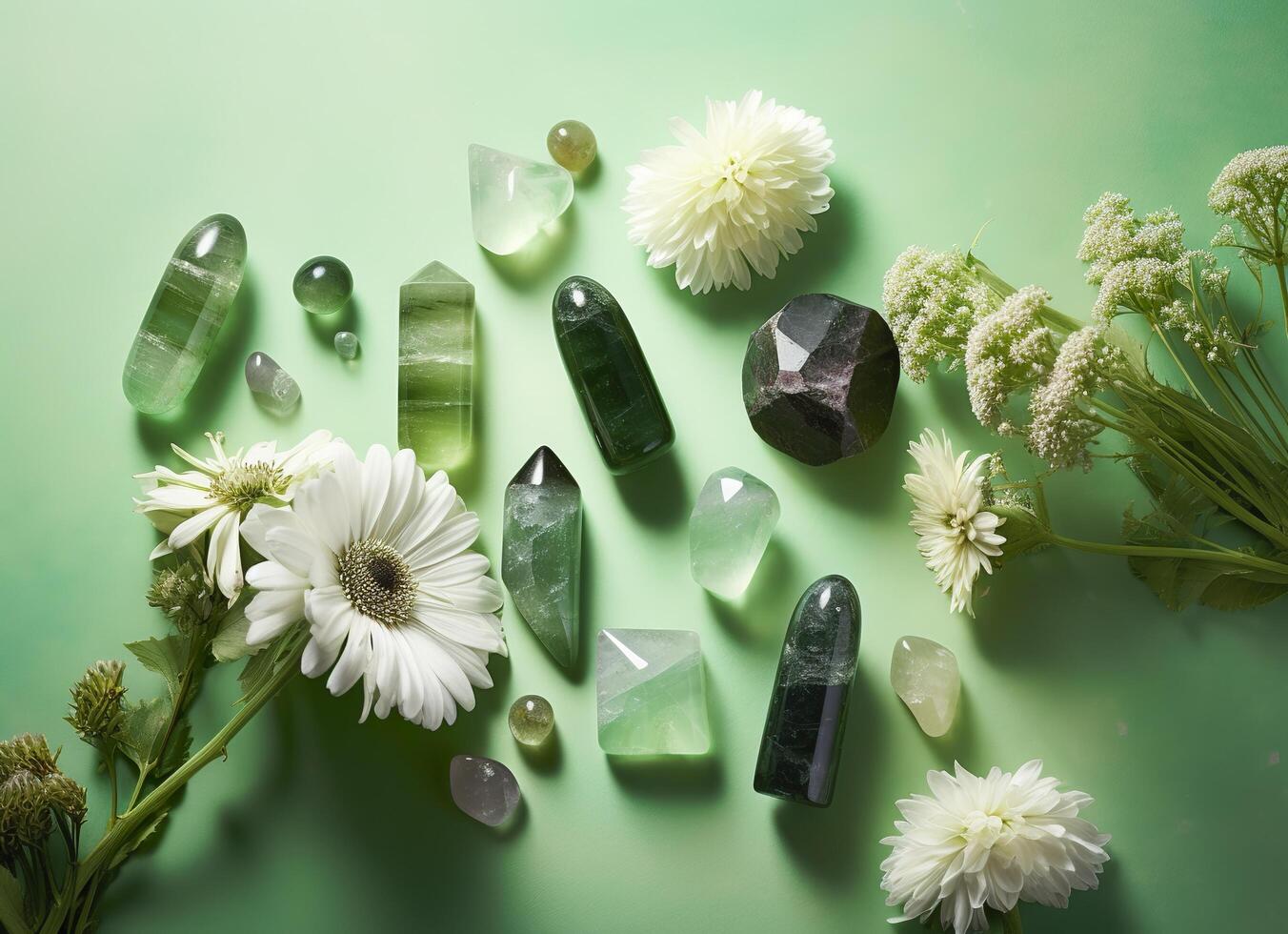 Crystal towers minerals set and white flowers on green abstract background. Generative AI photo