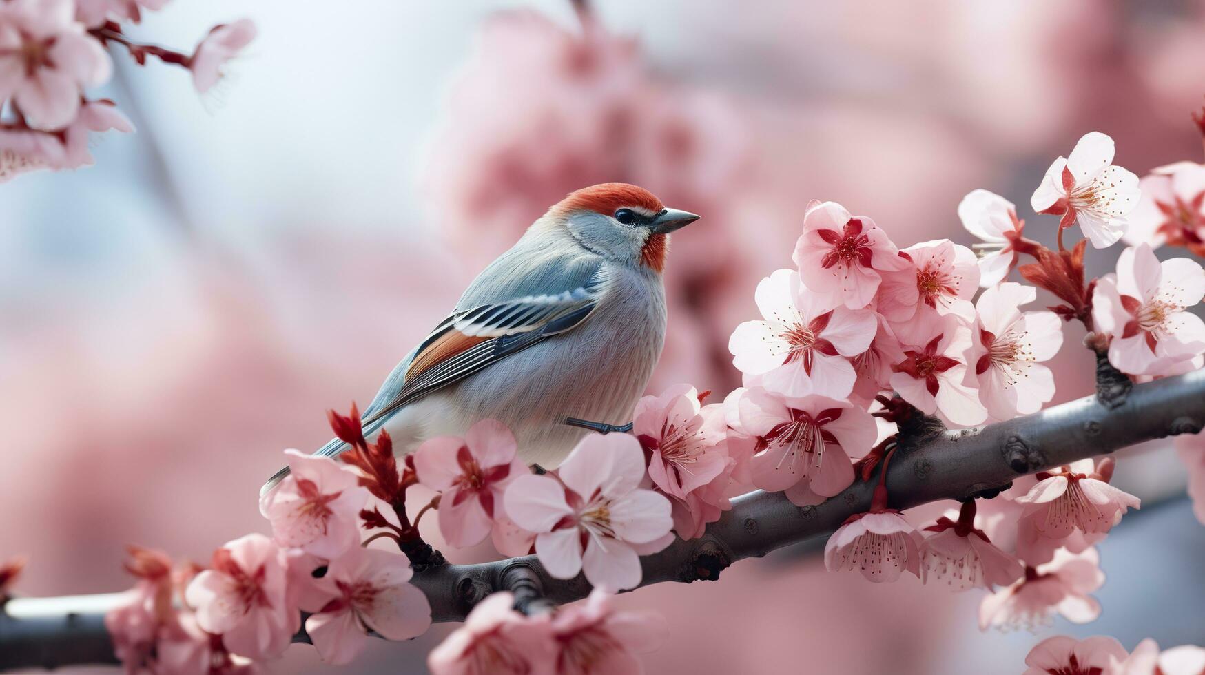 Birds sitting in a tree filled with cherry blossom flowers. Generative AI photo