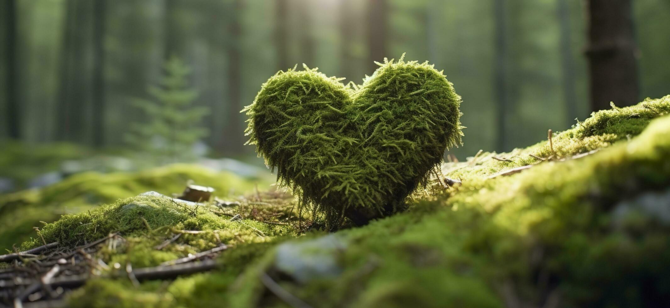 Closeup of wooden heart on moss. Natural burial grave in the woods. Generative AI photo