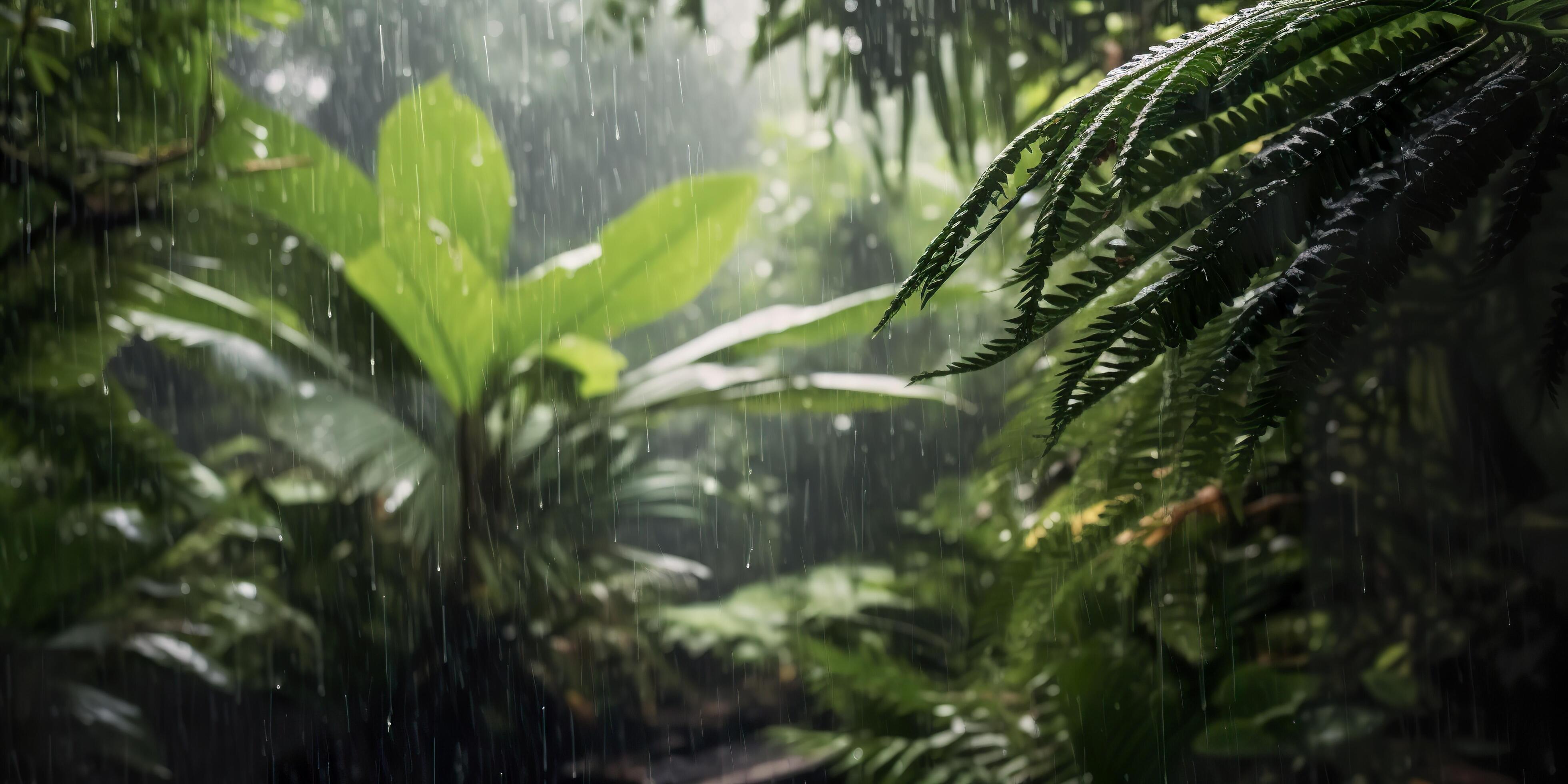 Rain falls in a rainforest with the rain drops. Generative AI 30607827