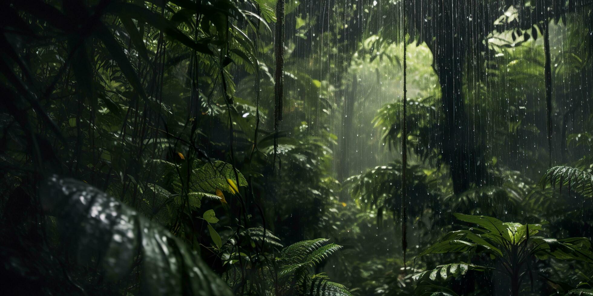 Rain falls in a rainforest with the rain drops. Generative AI photo