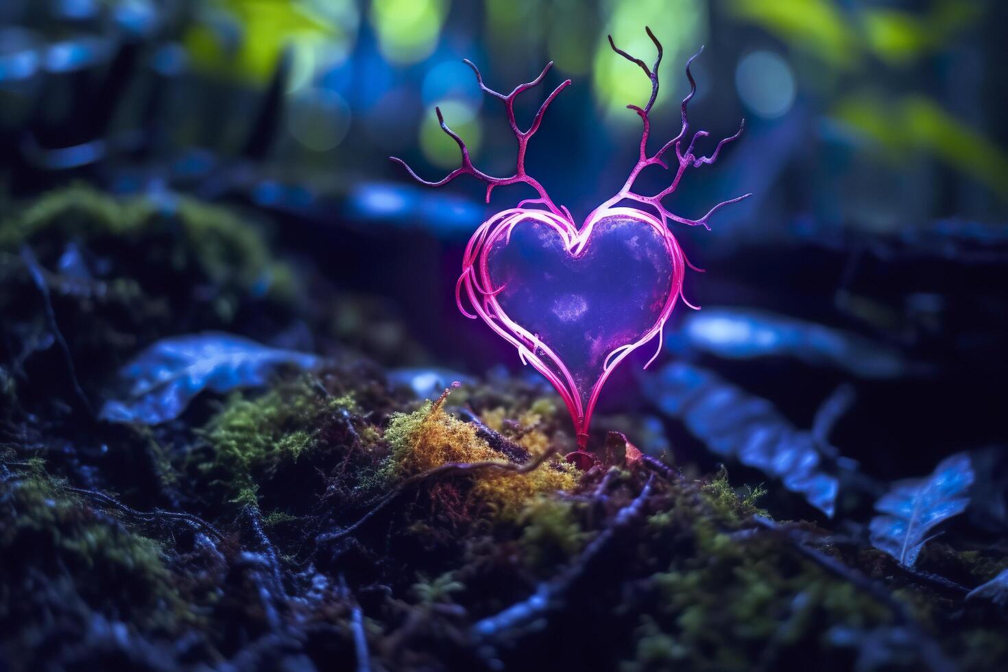 Glowing bioluminescent plant shaped like a human heart, in a mysterious forest. Generative AI photo