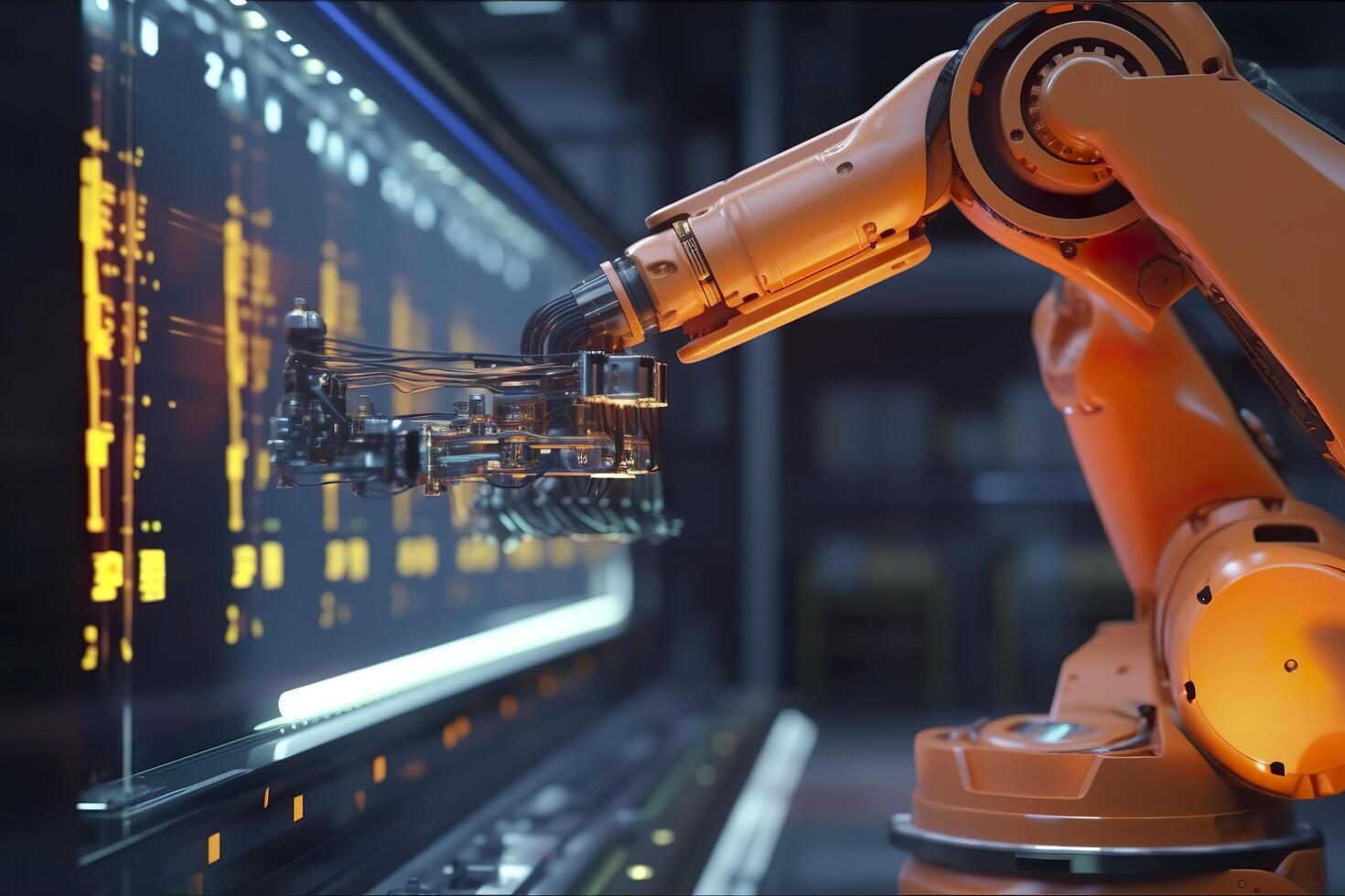 Arm robot working with Screen monitor control industrial machine robot arm line. Generative AI photo