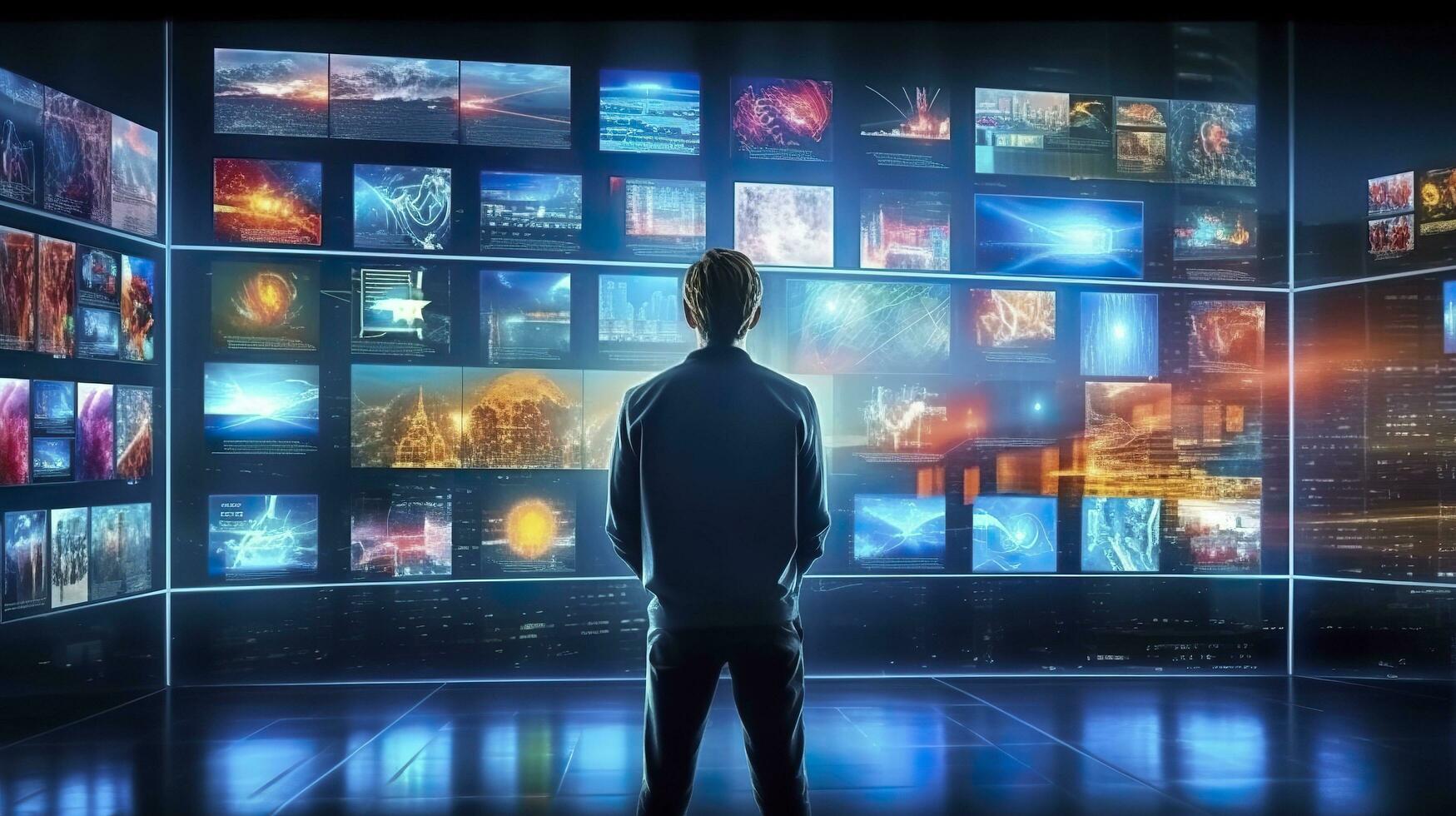 un persona acecho un vídeo pared con multimedia imágenes en diferente televisión pantallas generativo ai foto
