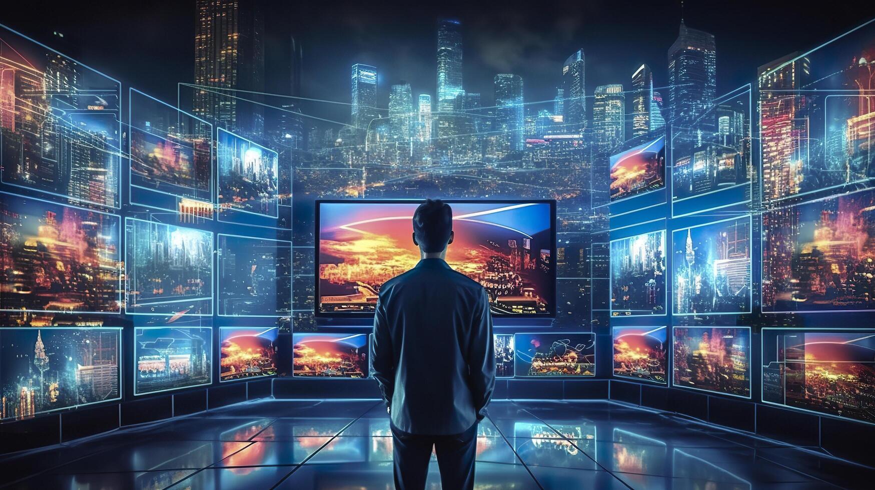 A person watching a video wall with multimedia images on different television screens. Generative AI photo