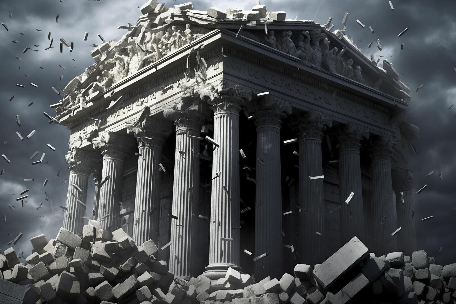 Bank collapse. A bank or financial institution, going down failing or collapsing. Generative AI photo