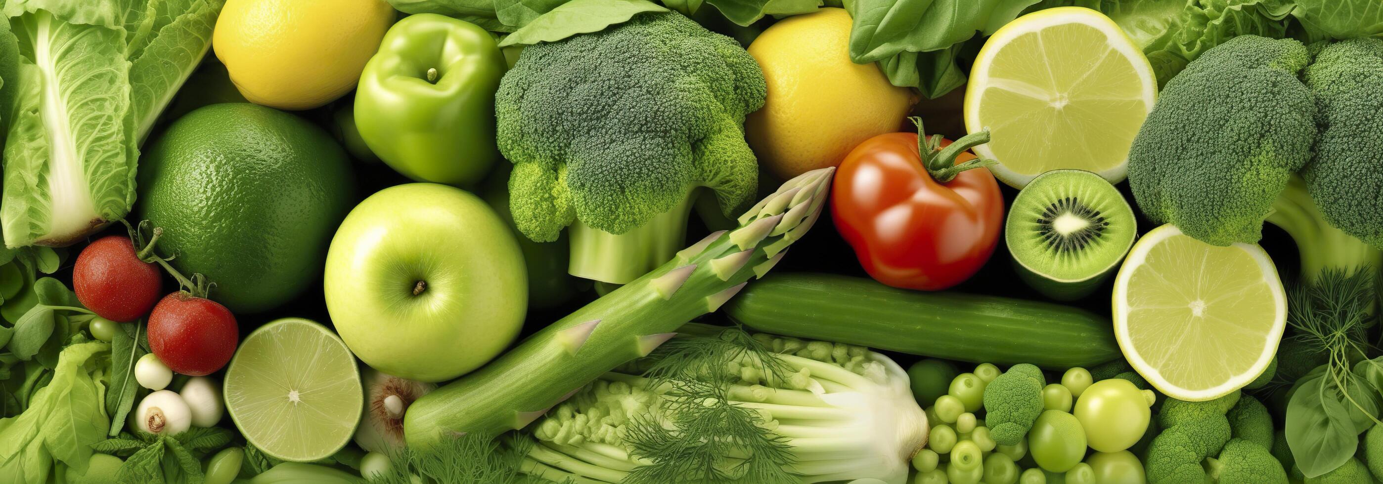 Banner layout of green fruits and vegetables. Generative AI. photo