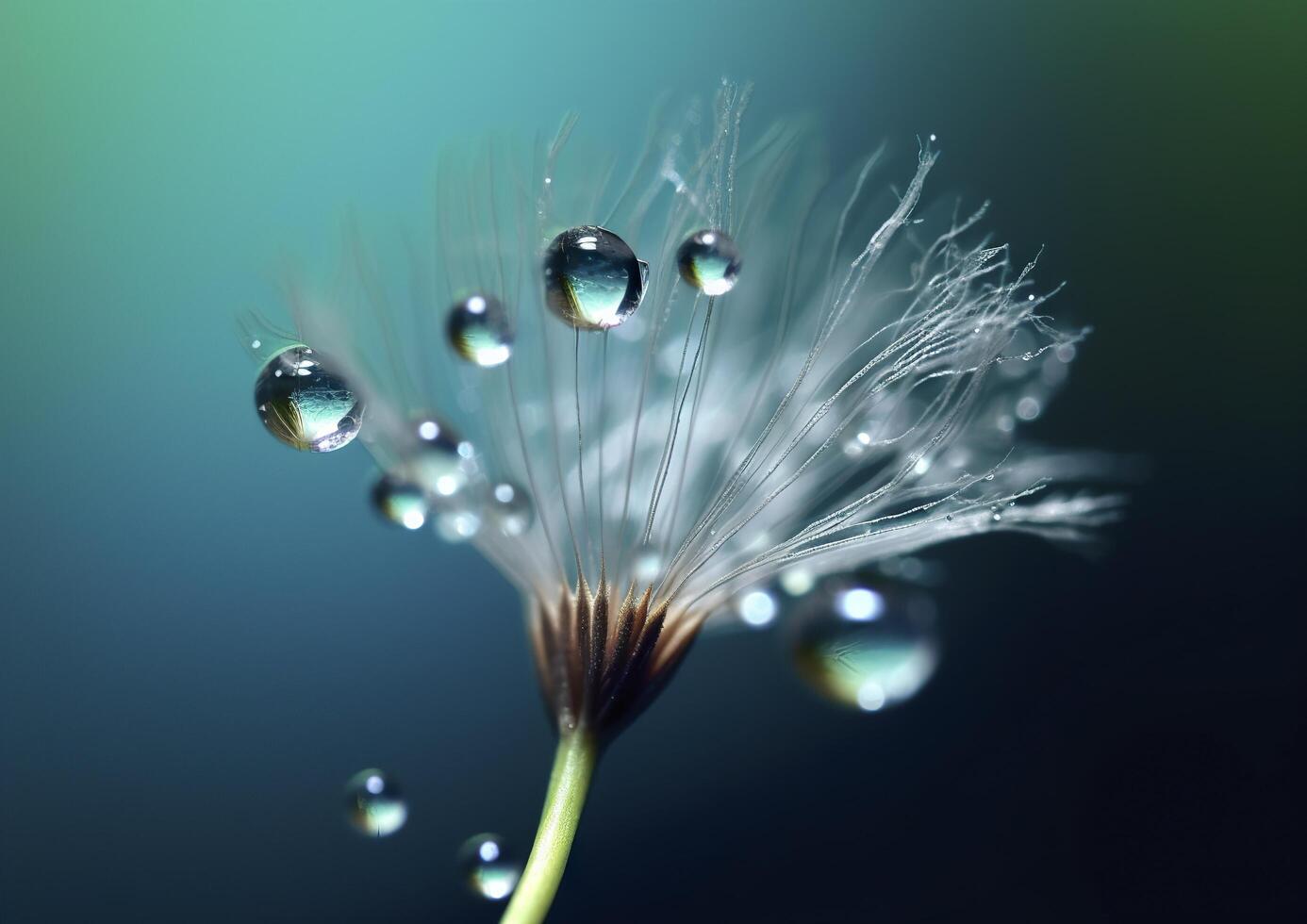 Beautiful dew drops on a dandelion seed macro. Beautiful blue background. Generative AI photo