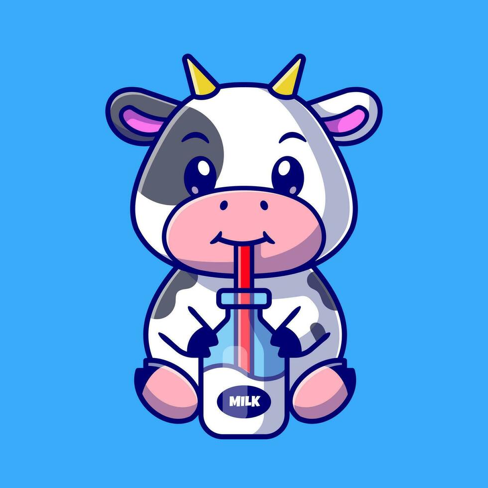 linda vaca bebida Leche dibujos animados vector icono ilustración. animal bebida icono concepto aislado prima vector. plano dibujos animados estilo