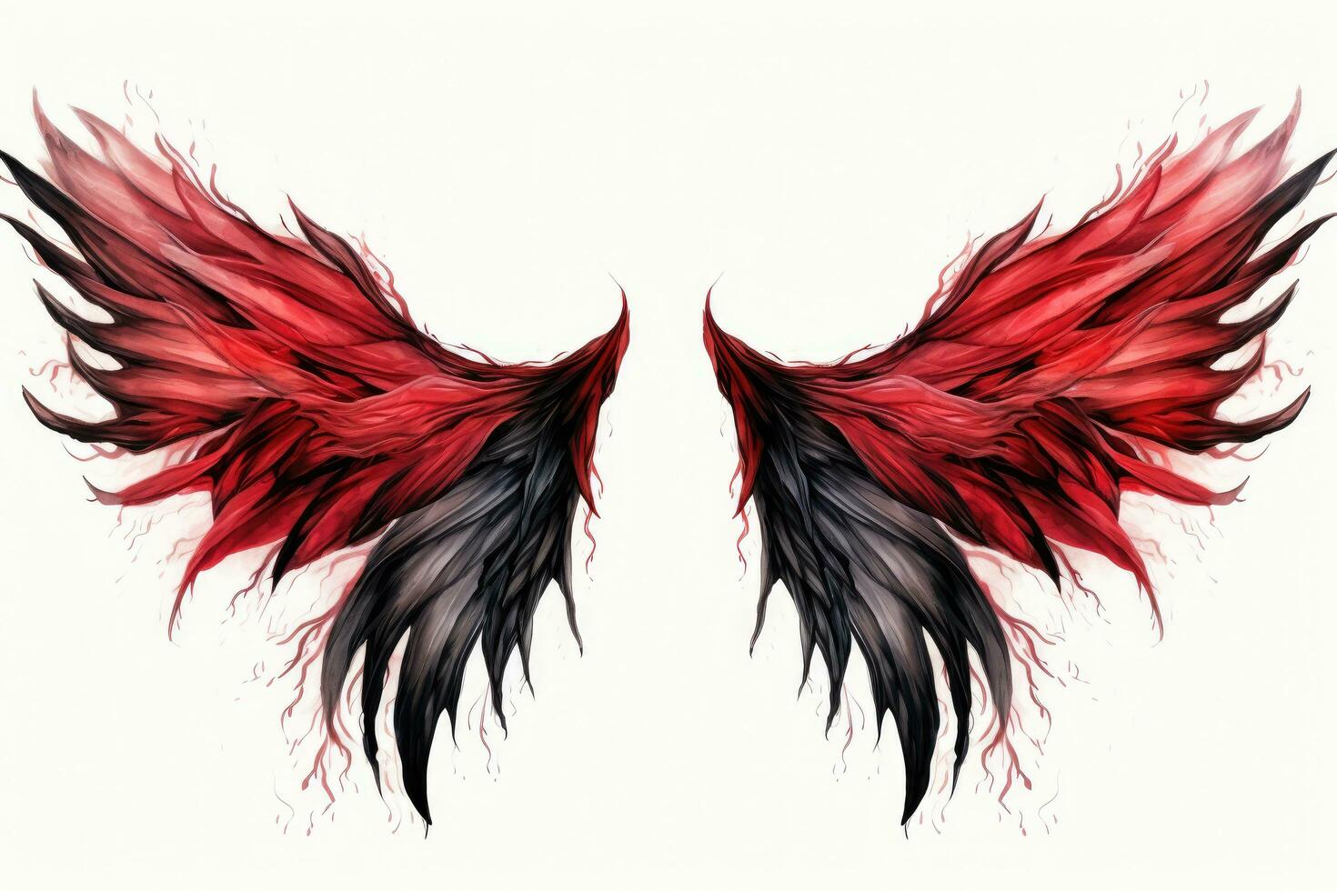 Two wings of red and black color on a white background, isolated, Beautiful magic red black wings drawn with watercolor effect, AI Generated photo