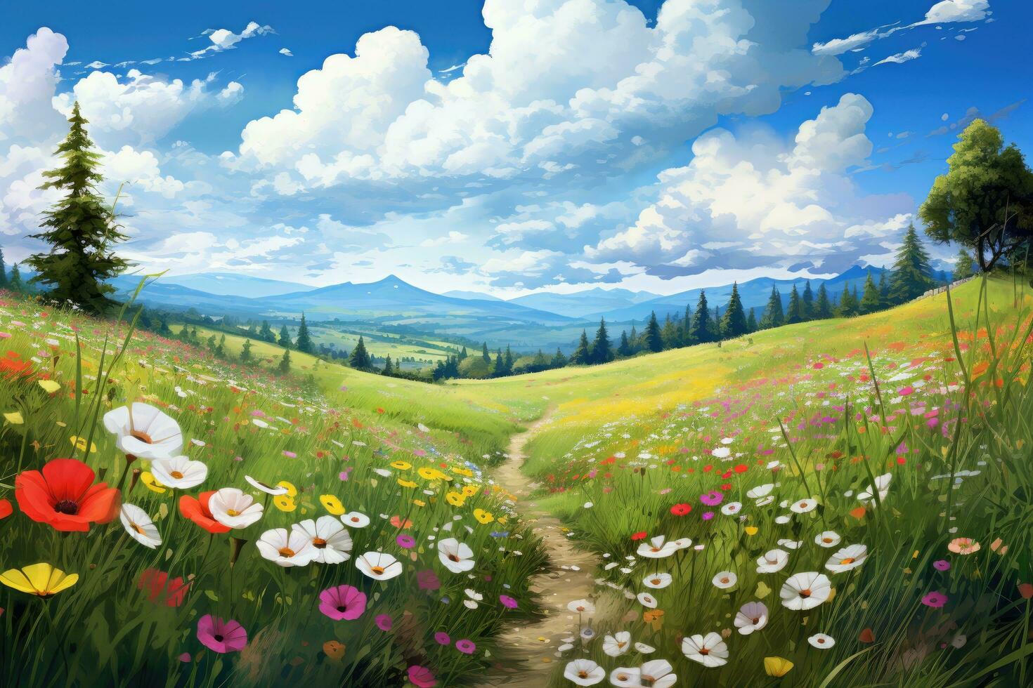 Beautiful spring landscape with flowers and mountains in the background ...