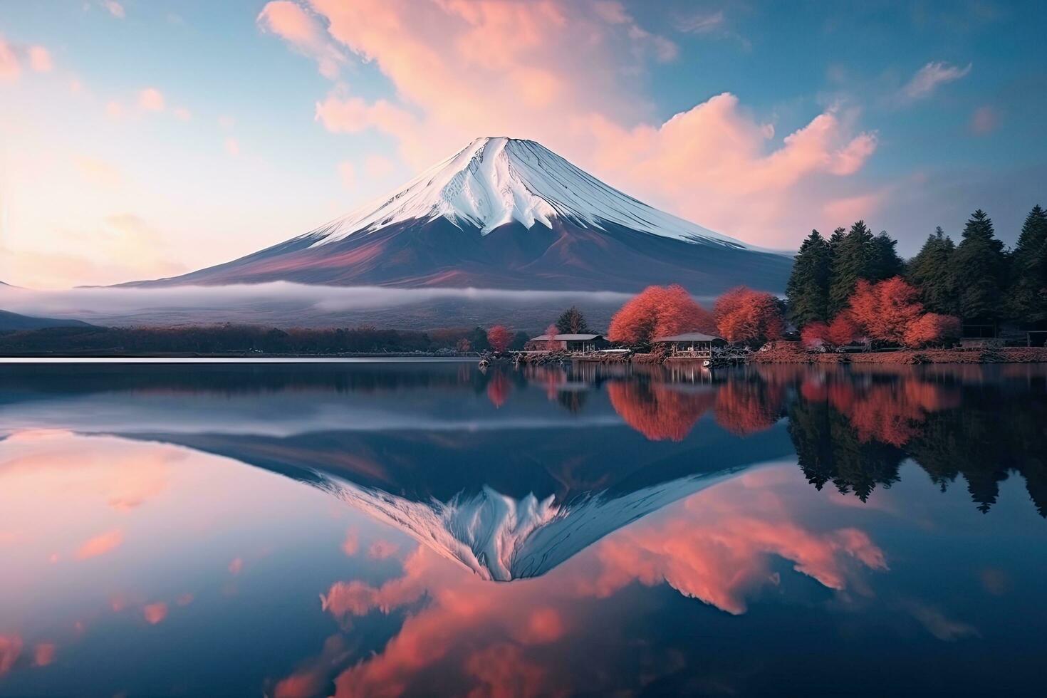 Fuji Mountain and Lake Kawaguchiko at sunrise, Japan. Beautiful scenic landscape of mountain Fuji or Fujisan with reflection on Shoji lake at dawn with twilight sky, Japan, AI Generated photo