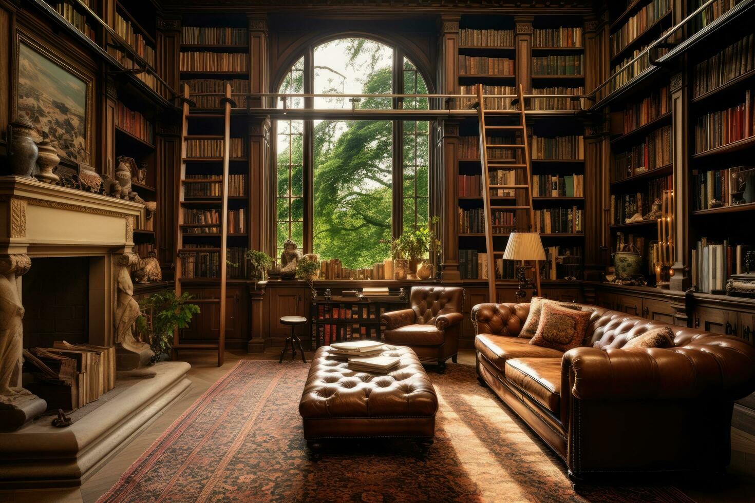 Luxury interior of an old library with bookshelves, leather armchairs and a bookcase, beautiful home library, AI Generated 30608640 Stock Photo at Vecteezy