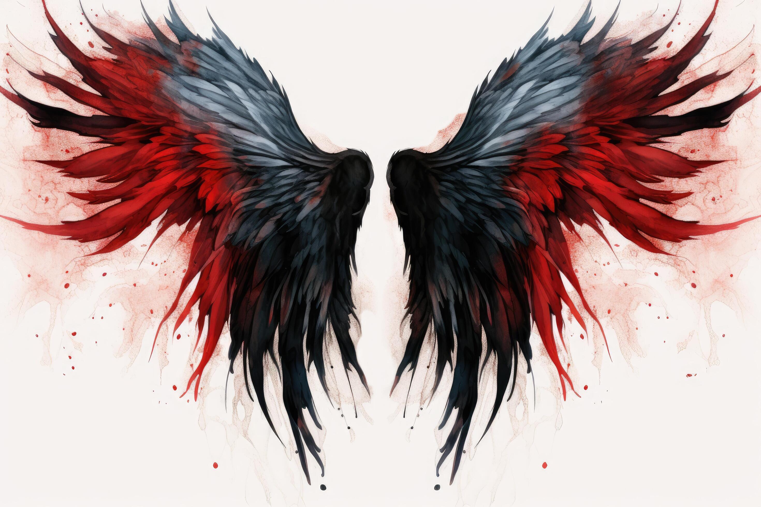 Two red and blue wings of a bird with blood splashes on a white