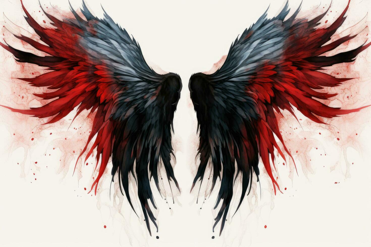 Two red and blue wings of a bird with blood splashes on a white background, Beautiful magic red black wings drawn with watercolor effect, AI Generated photo