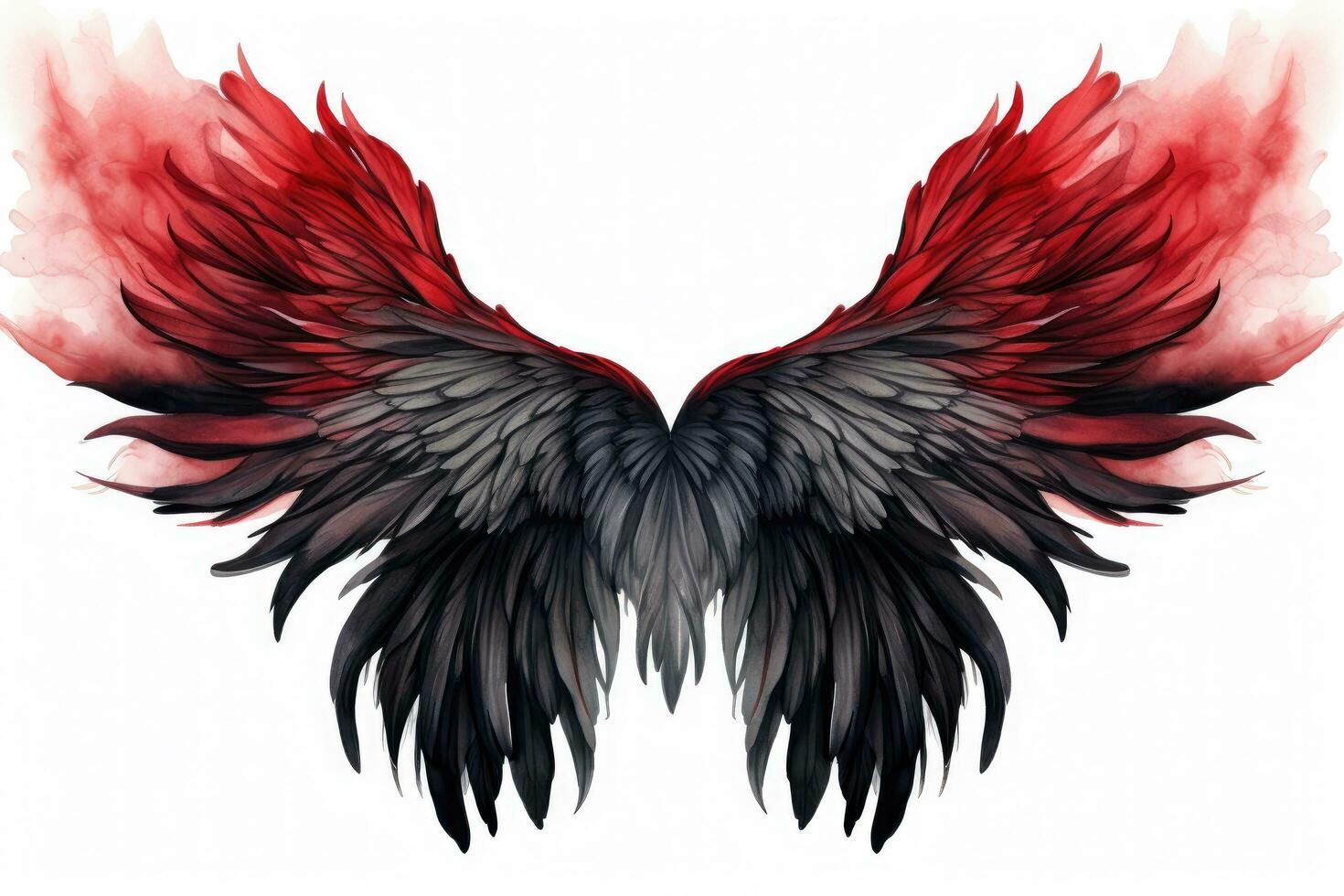 Red and black wings of an eagle isolated on a white background. Beautiful magic red black wings drawn with watercolor effect, AI Generated photo