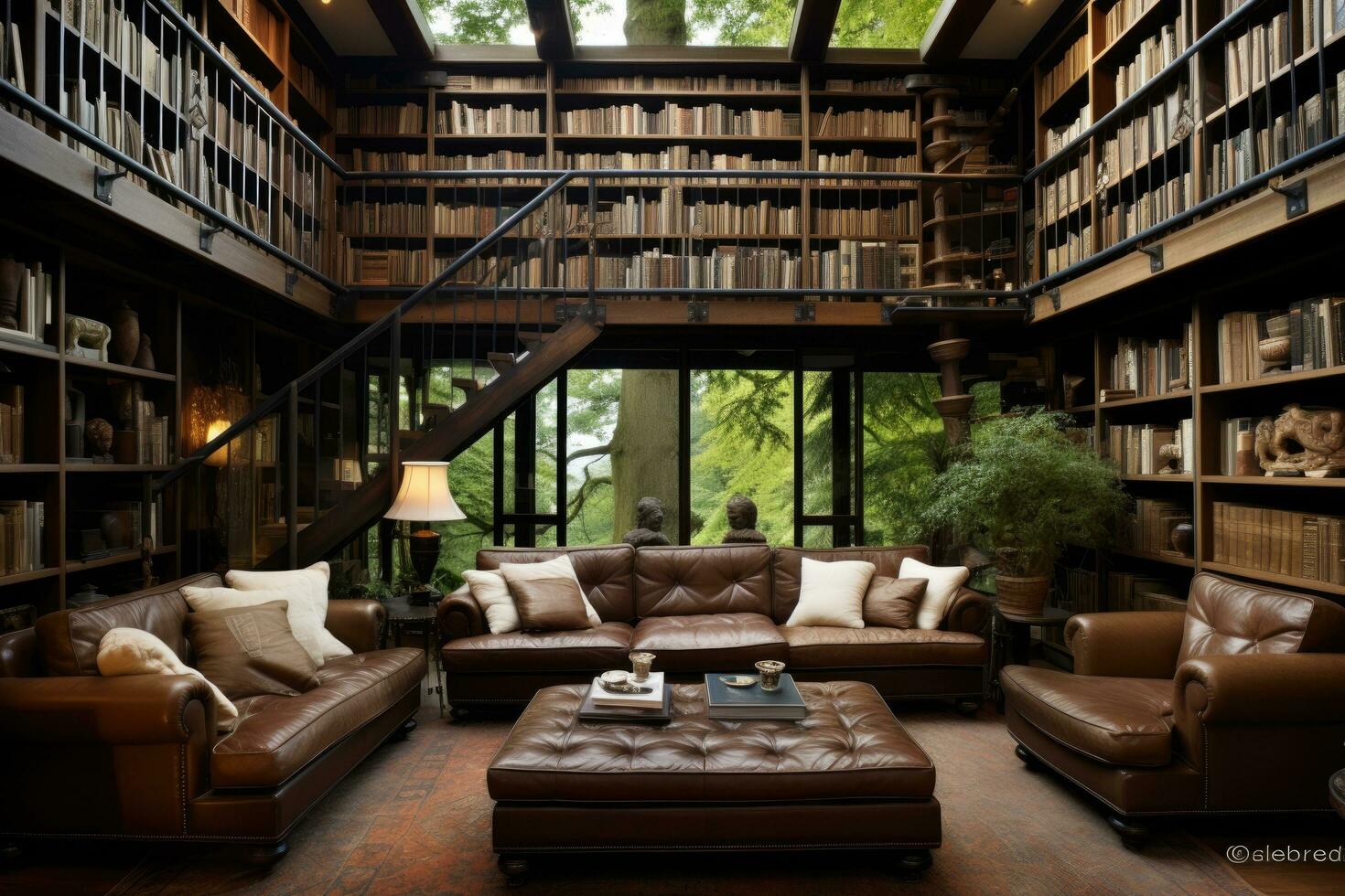 Luxury living room interior with leather sofa, bookshelf and library, beautiful home library, AI Generated photo
