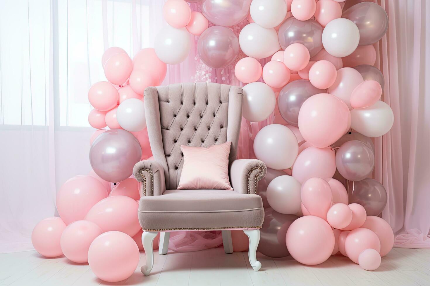 rosado y blanco globos en el antecedentes de un rosado sillón. hermosa decoración Sillón y globos para un bebé ducha fiesta, ai generado foto