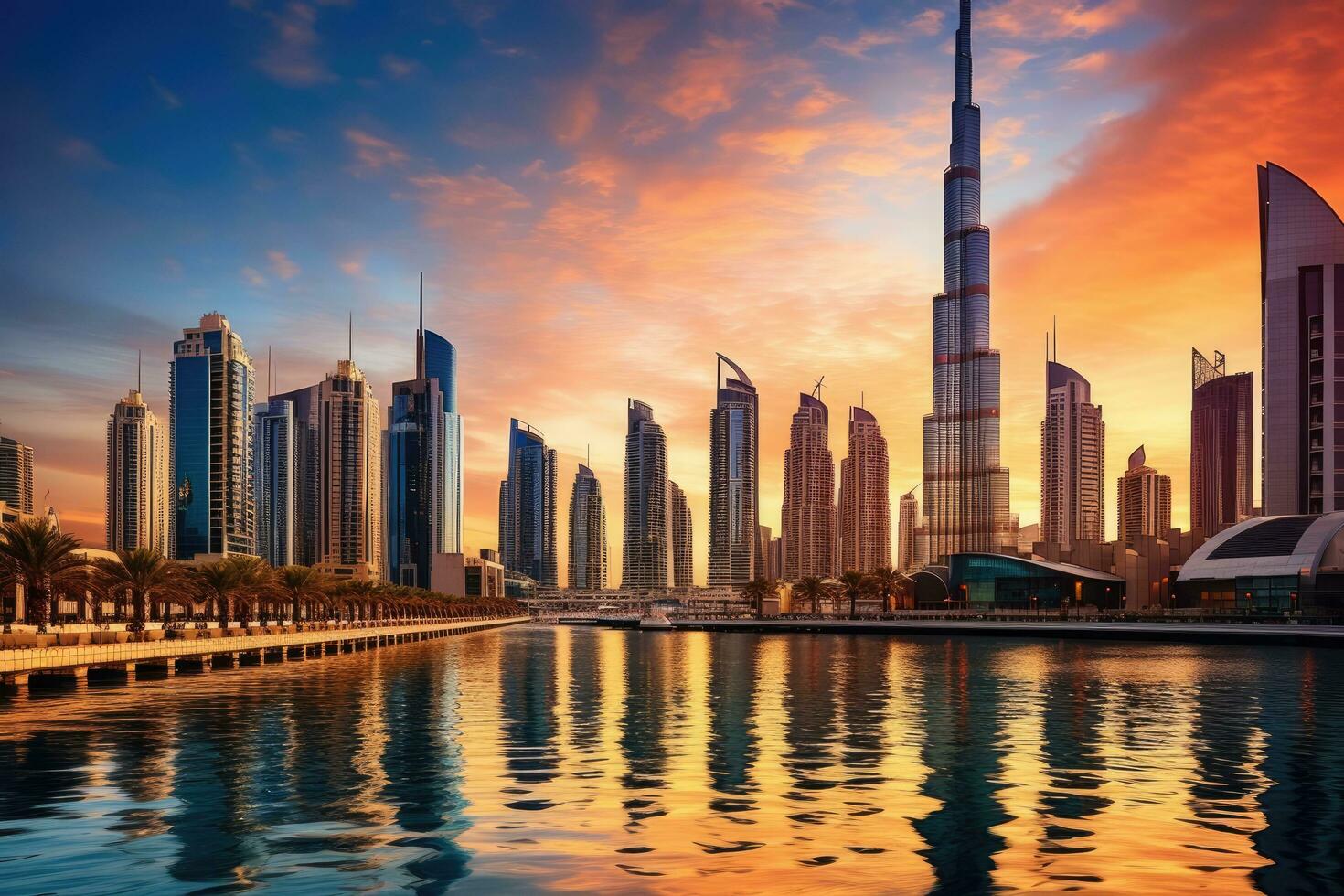 Dubai Marina at sunset in Dubai, UAE. Dubai was the fastest developing city in the world between 2002 and 2008. Beautiful Dubai downtown at the sunset,Dubai,United Arab Emirates, AI Generated photo