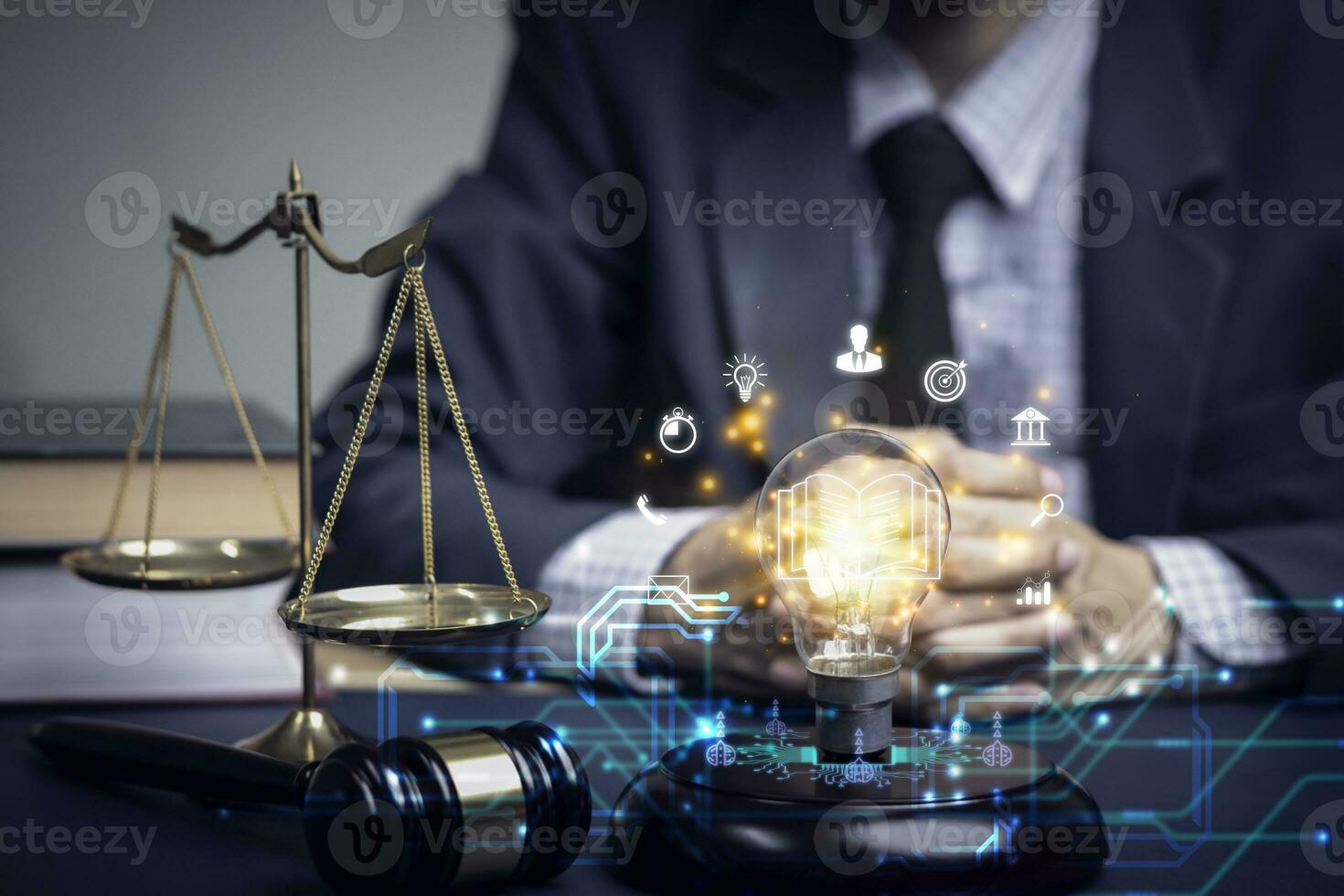 Justice lawyers with Judge gavel, Businessman in suit or lawyer Hiring lawyers in the digital system. Legal law, prosecution, legal adviser, lawsuit, detective, investigation,legal consultant.. photo