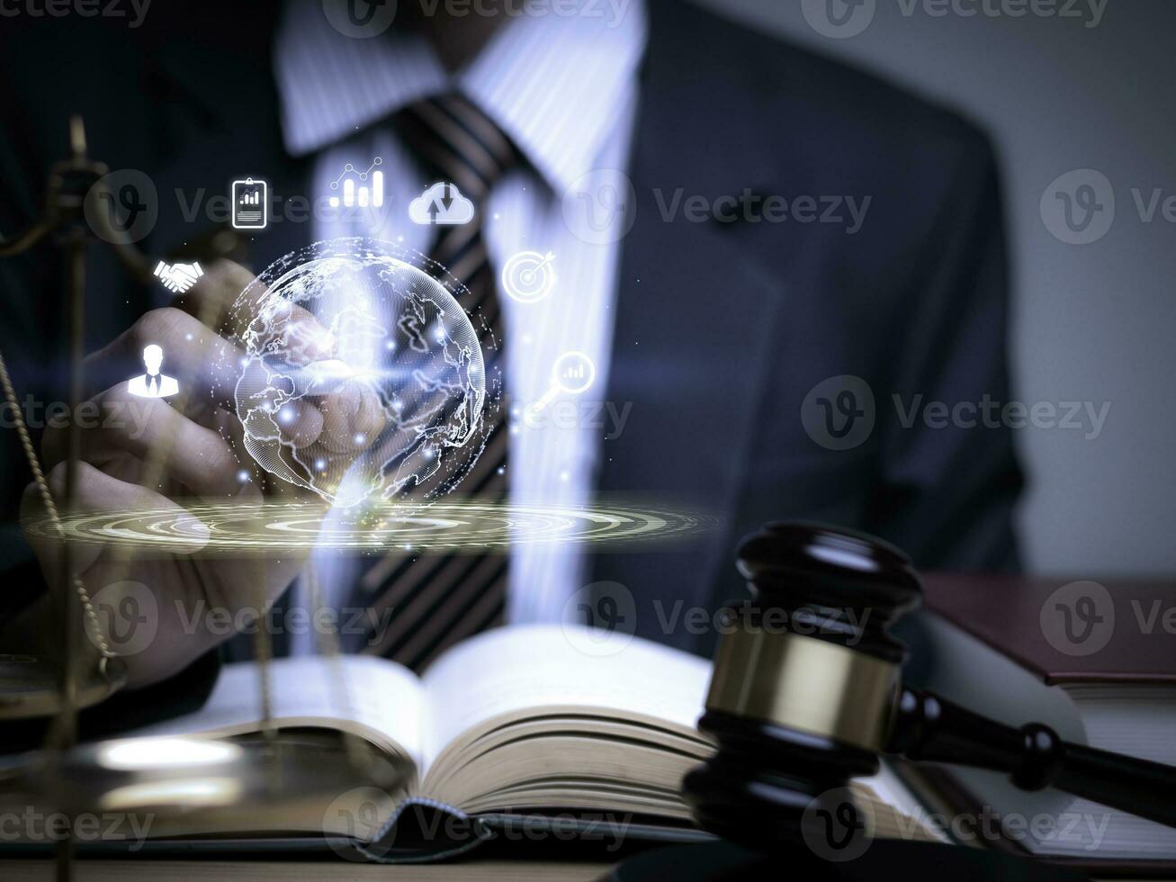 Justice lawyers with Judge gavel, Businessman in suit or lawyer Hiring lawyers in the digital system. Legal law, prosecution, legal adviser, lawsuit, detective, investigation,legal consultant.. photo