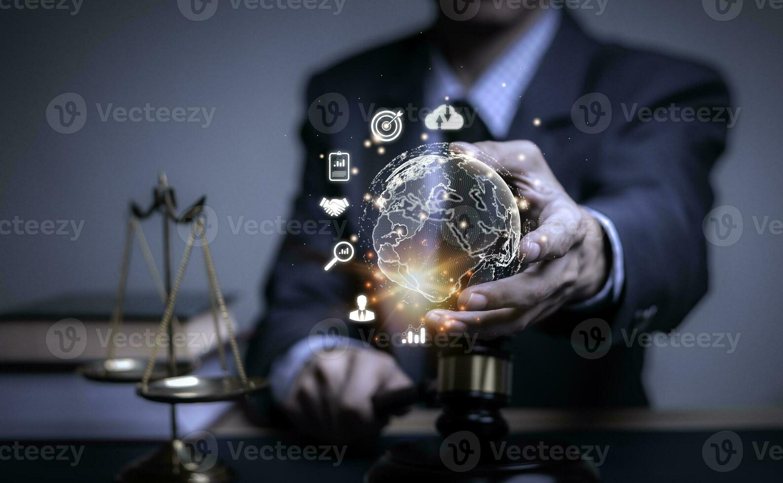 Justice lawyers with Judge gavel, Businessman in suit or lawyer Hiring lawyers in the digital system. Legal law, prosecution, legal adviser, lawsuit, detective, investigation,legal consultant.. photo