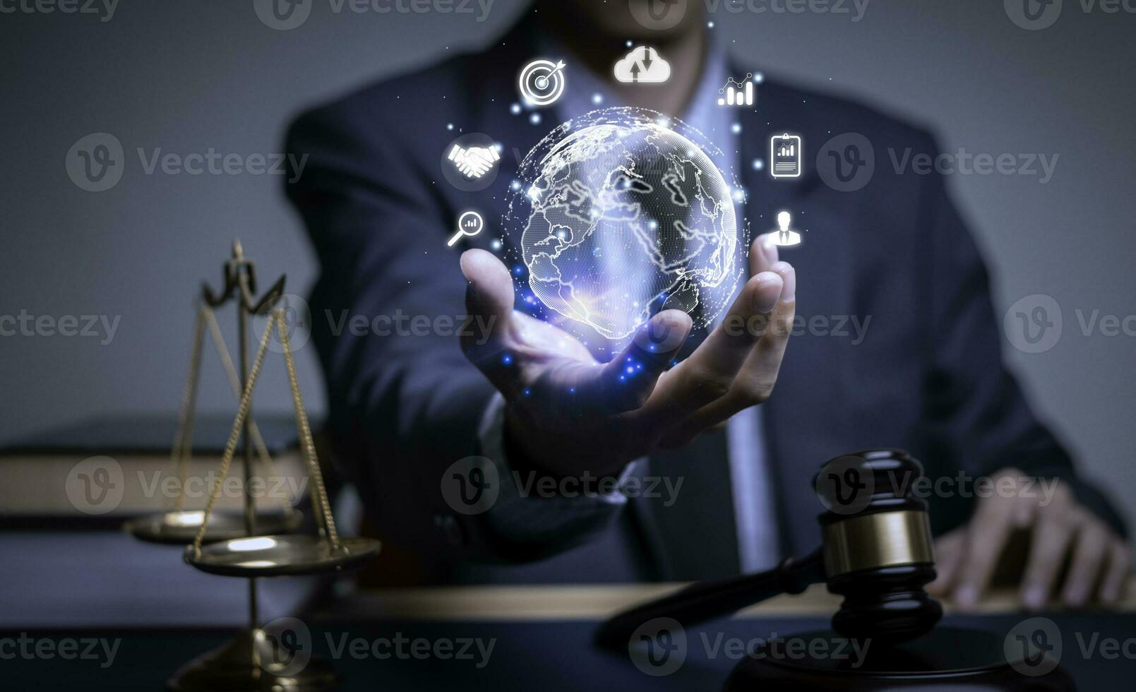 Justice lawyers with Judge gavel, Businessman in suit or lawyer Hiring lawyers in the digital system. Legal law, prosecution, legal adviser, lawsuit, detective, investigation,legal consultant.. photo