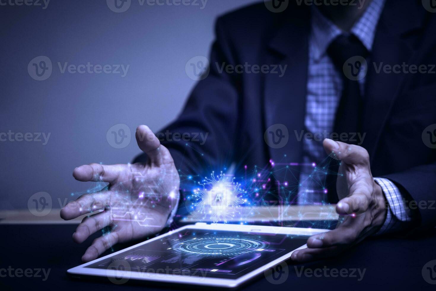 Businessman holding a light bulb with icon book success of busines, Creative new idea. Innovation, brainstorming, solution and inspiration concepts. imagination, Ai technology. photo