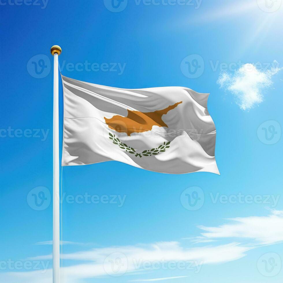 Waving flag of Cyprus on flagpole with sky background. photo