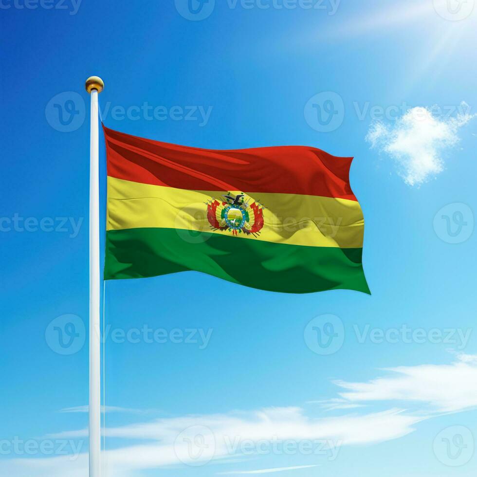 Waving flag of Bolivia on flagpole with sky background. photo