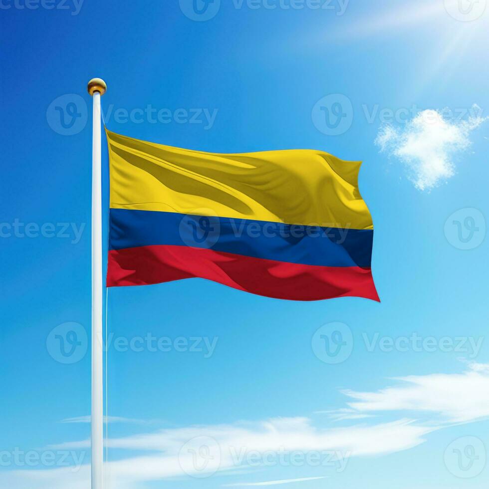 Waving flag of Colombia on flagpole with sky background. photo