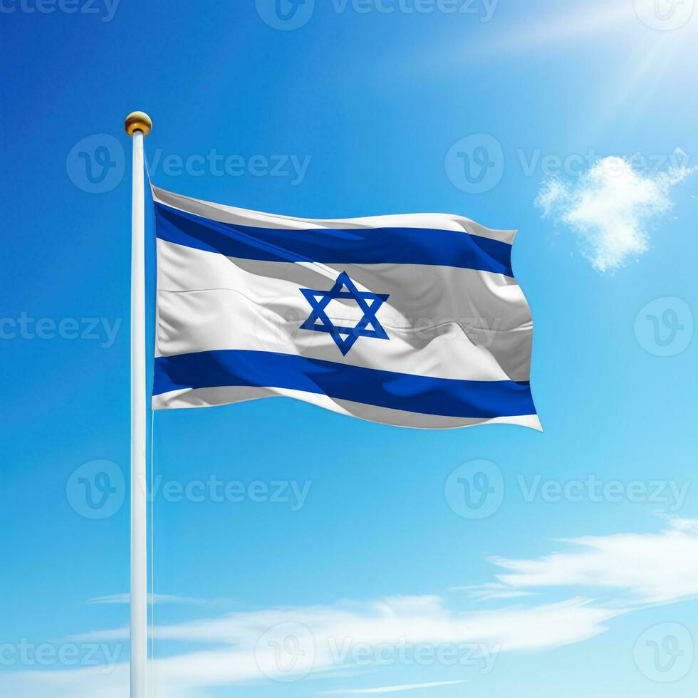 ondulación bandera de Israel en asta de bandera con cielo antecedentes. foto