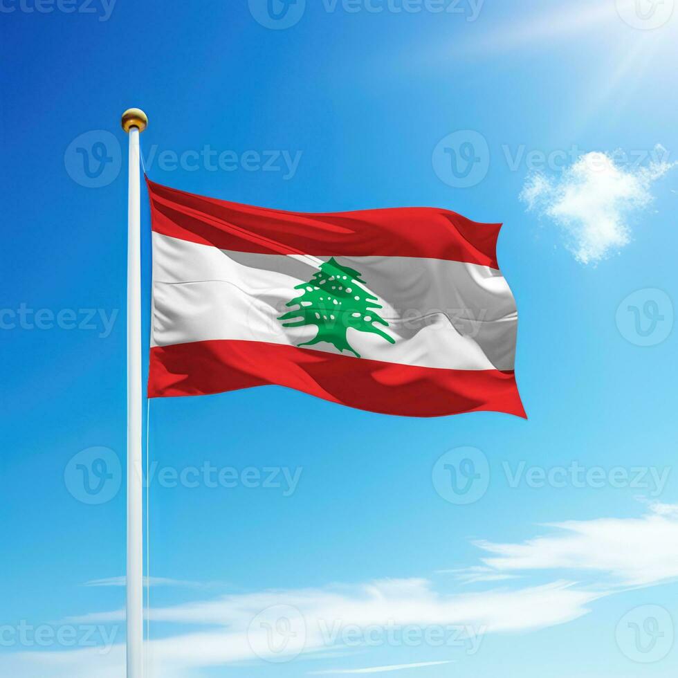 Waving flag of Lebanon on flagpole with sky background. photo