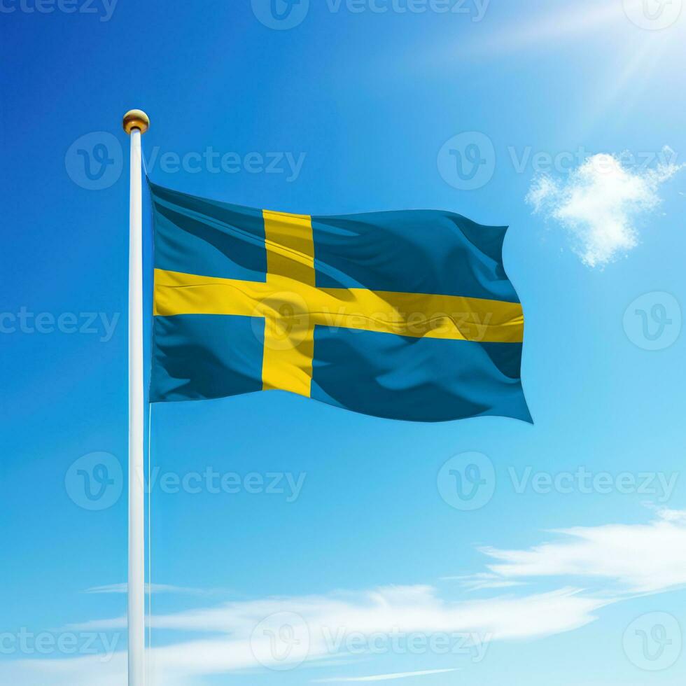 Waving flag of Sweden on flagpole with sky background. photo