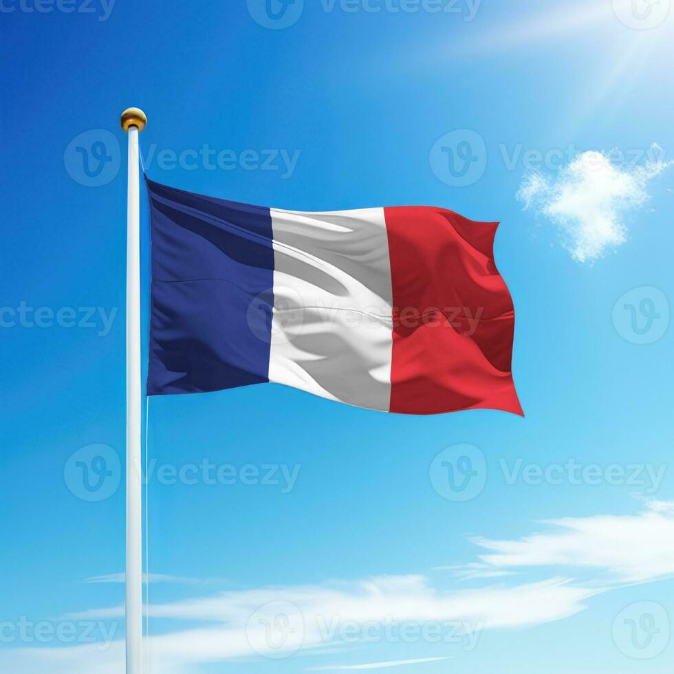 ondulación bandera de Francia en asta de bandera con cielo antecedentes. foto