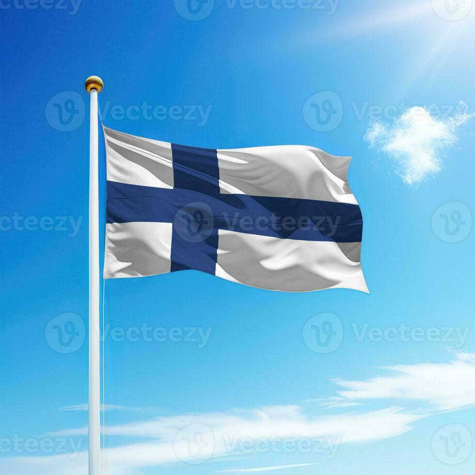 Waving flag of Finland on flagpole with sky background. photo