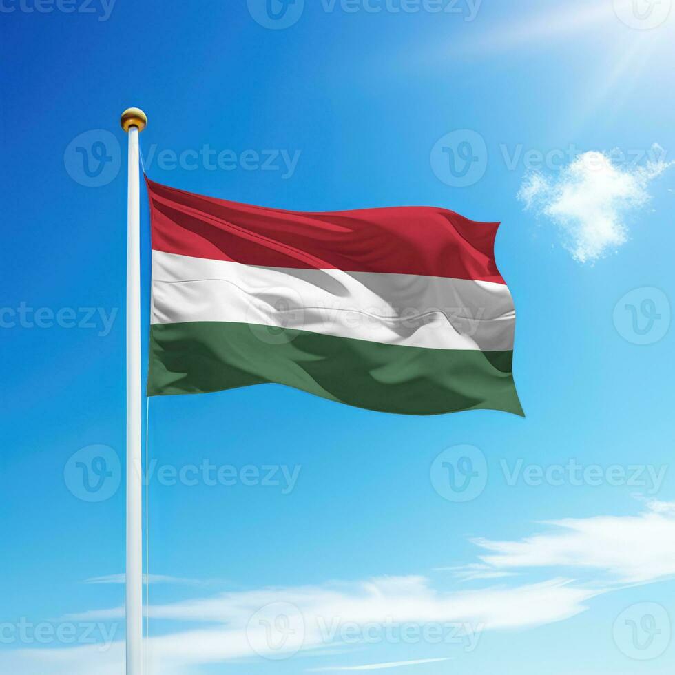 ondulación bandera de Hungría en asta de bandera con cielo antecedentes. foto