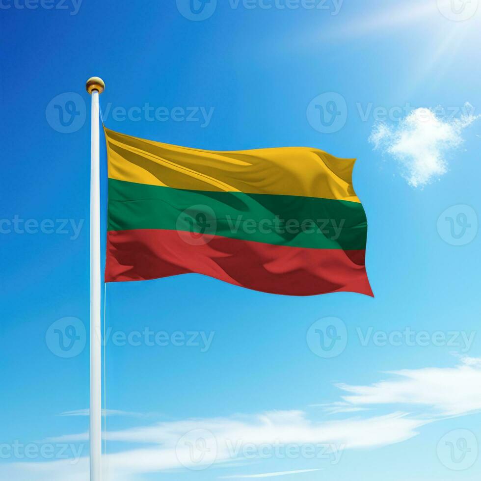 Waving flag of Lithuania on flagpole with sky background. photo