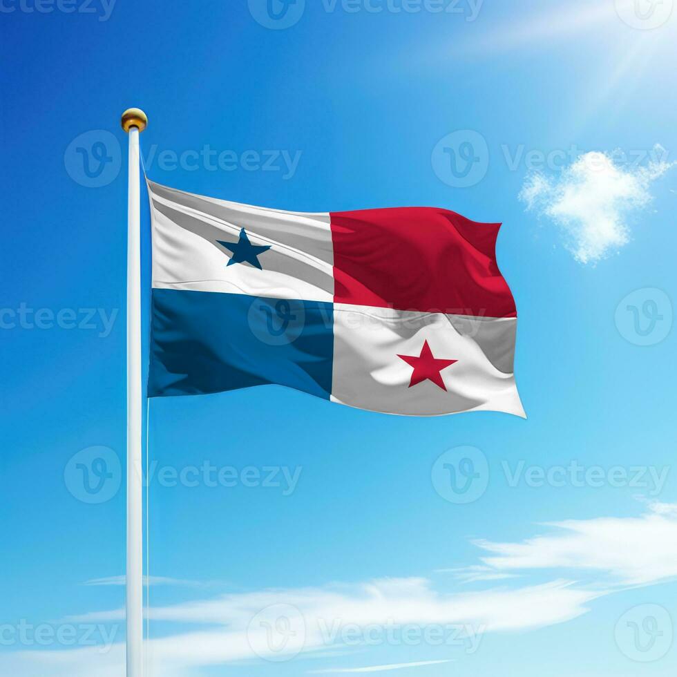 Waving flag of Panama on flagpole with sky background. photo