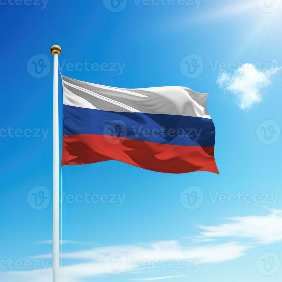 Waving flag of Russia on flagpole with sky background. photo