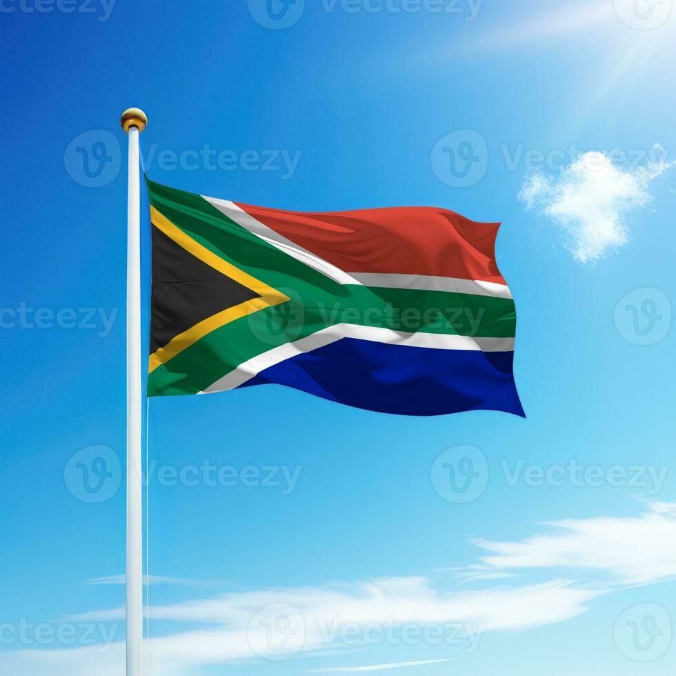 ondulación bandera de sur África en asta de bandera con cielo antecedentes. foto