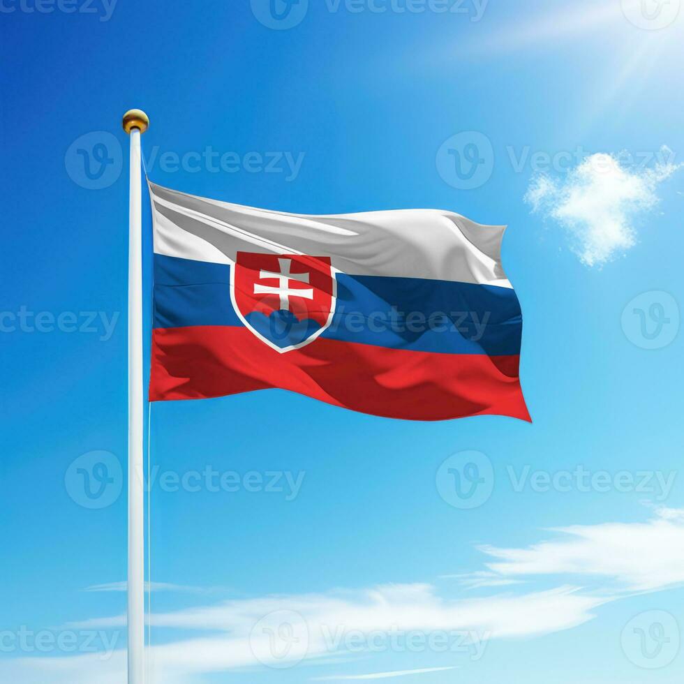 Waving flag of Slovakia on flagpole with sky background. photo